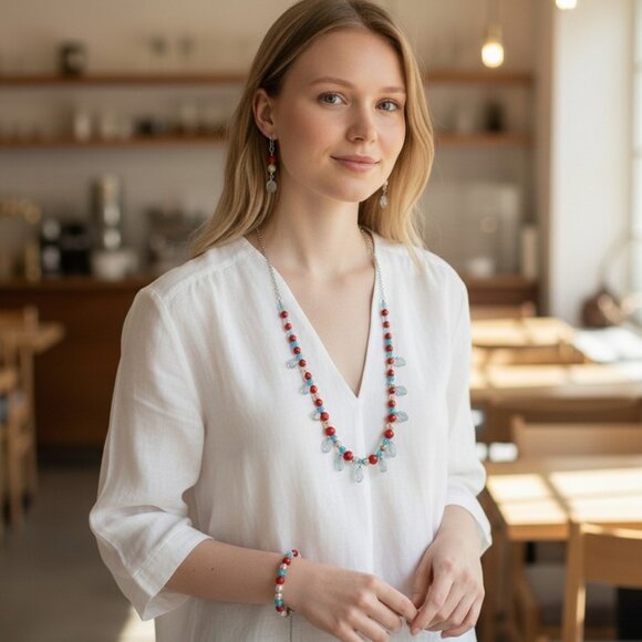 handmade Jewelry - Southwestern Style Casual Chic Beaded Teardrops Necklace Set Red Blue White